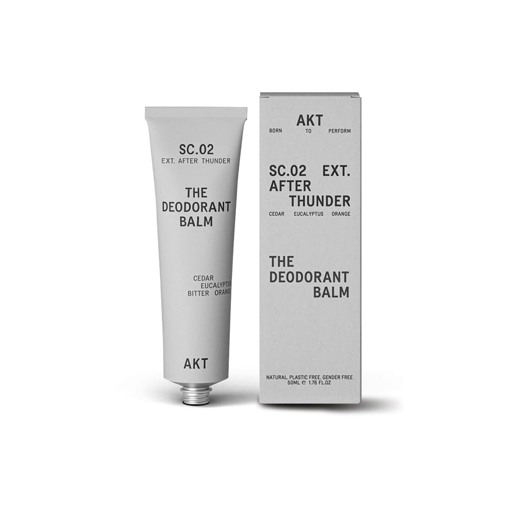 AKT, THE DEODORANT BALM. Award winning, multi-use, natural deodorant. Plastic Free. Gender Free. Aluminium Free. 100% effective — 1 tube lasts up to 3 months. SC.02 AFTER THUNDER. 1.7 Ounce