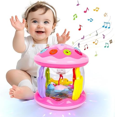 M SANMERSEN Baby Toys 6 to 12 Months - Ocean Projector Light Up Musical for 12-18 Crawling Learning Tummy Time 1 2 3 Year Old Infant Boys Girls Gifts-Pink and Purple