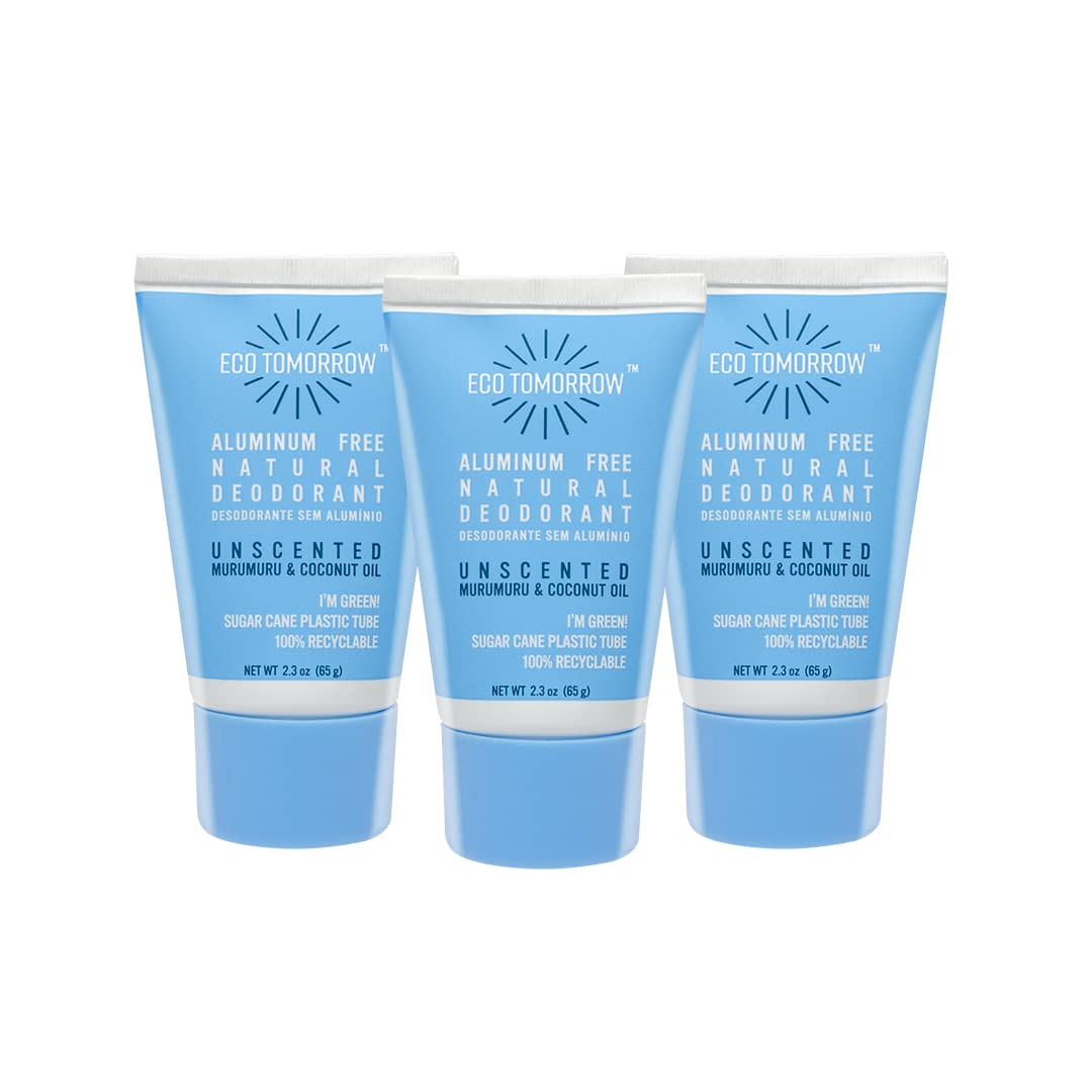 EcoTomorrow Aluminum Free Cream Natural Deodorant Unscented - Murumuru & Coconut Oil for Women and Men, 48h Protection, Original Natural Formula - 2.3 oz (Pack of 3)