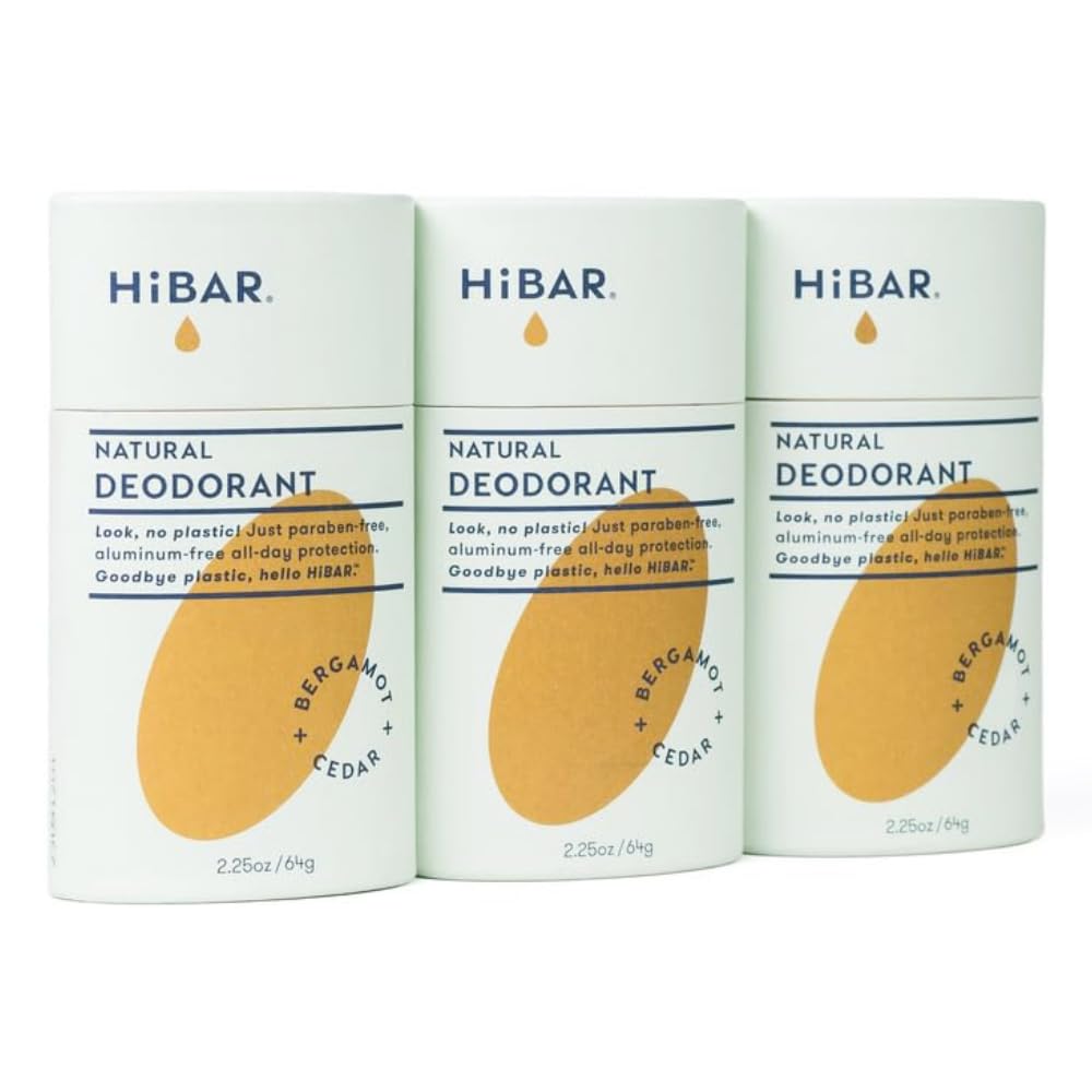 HiBAR 3-Pack Natural Deodorant Bergamot & Cedar Scent - Aluminum Free, Long-Lasting Odor Control, All-Day Coverage, Eco-Friendly, Plastic-Free Deodorant, TSA Approved for Travel