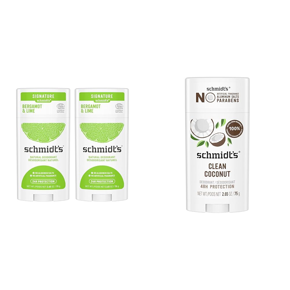 Schmidt's Aluminum Free Natural Deodorant 2 Pack - Bergamot & Lime and Clean Coconut Scents, 24 Hour Odor Protection, Cruelty Free