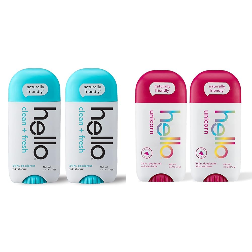 hello Activated Charcoal and Unicorn Aluminum Free Deodorant Bundle, 2 Packs of 2.6 Ounce, 24 Hour Odor Protection