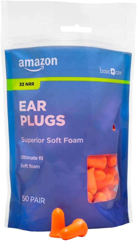 Amazon Basic Care Soft Foam Earplugs, 33dB Noise Reduction Rating, 100 Count (1 Pack of 50 Pairs)