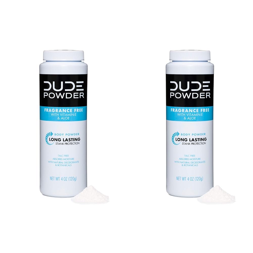 DUDE Body Powder - Fragrance Free 4 Ounce Bottle Natural Deodorizers with Chamomile & Aloe, Talc Free Formula, Corn-Starch Based Daily Post-Shower Deodorizing Powder for Men (Pack of 2)
