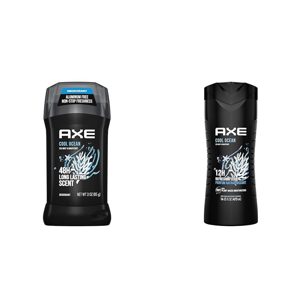 AXE Cool Ocean Men's Deodorant Stick and Body Wash Bundle with Essential Oils and Long Lasting 48H Scent