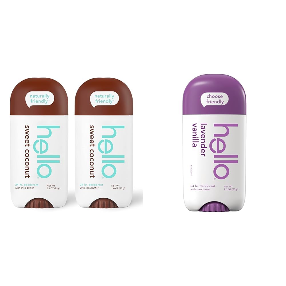 2 Pack hello Sweet Coconut Deodorant With Shea Butter for Women + Men, 2.6 Ounce + hello Lavender Vanilla Vegan Deodorant, 2.6 oz Stick