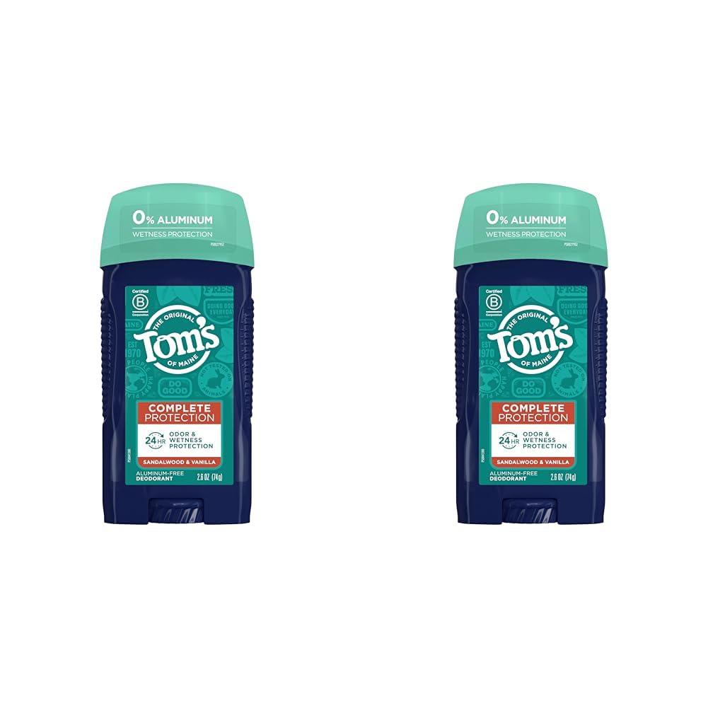 Tom's of Maine Complete Protection Aluminum-Free Natural Deodorant for Men, Sandalwood & Vanilla, 2.6 oz (Pack of 2)