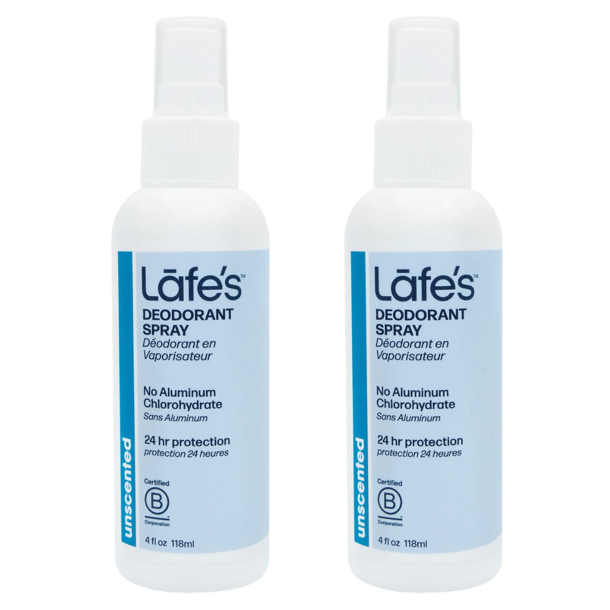 Lafe's Natural Deodorant | 4oz Aluminum Free Natural Deodorant Spray for Women & Men | Paraben Free & Baking Soda Free with 24-Hour Protection | Unscented | 2 Pack | Packaging May Vary