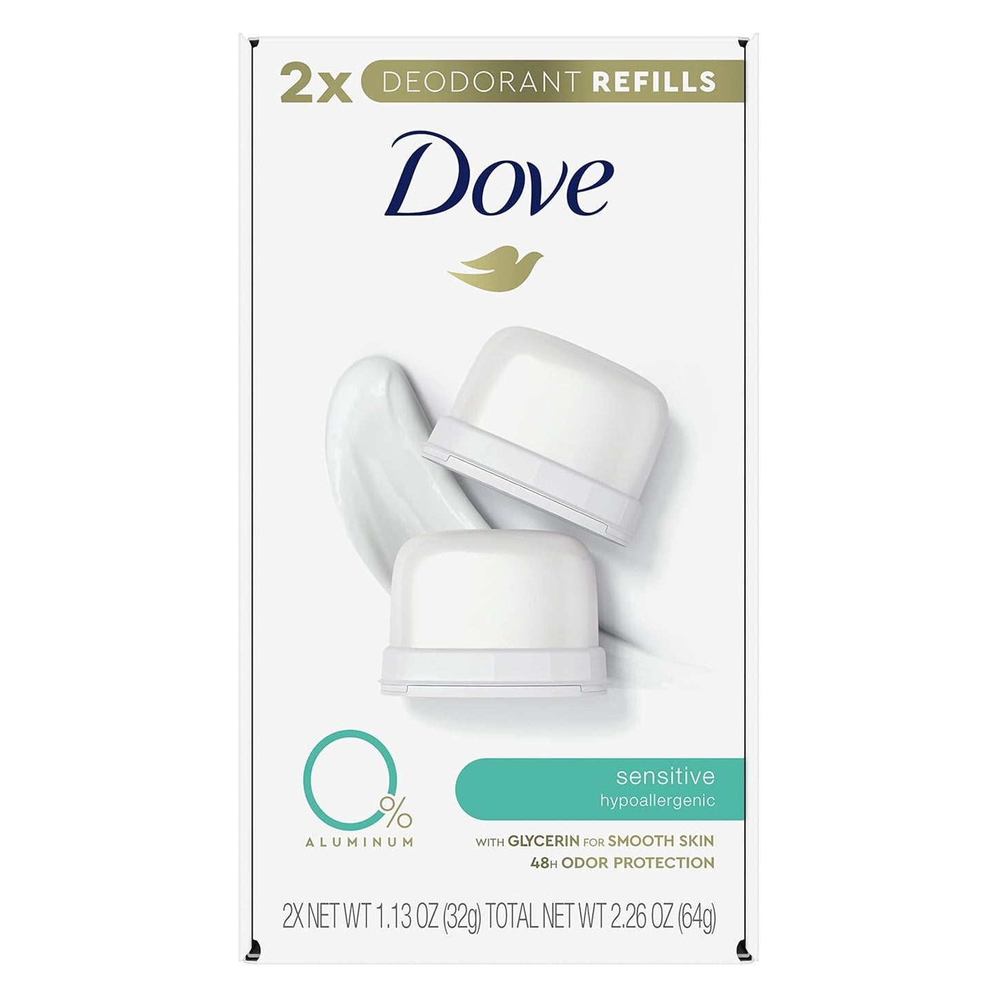 Dove Refillable Deodorant Refill Kit Deodorant For Women Sensitive 0% Aluminum 1.13 Ounce 2 Refills (Pack of 2)