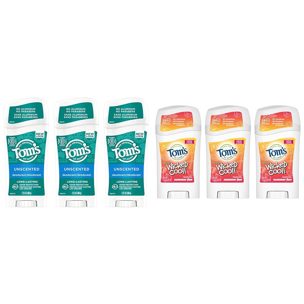 Tom's of Maine Long-Lasting Aluminum-Free Natural Deodorant for Women, Unscented, 2.25 oz. 3-Pack & Aluminum-Free Wicked Cool! Natural Deodorant for Kids, Summer Fun, 1.6 oz. 3-Pack