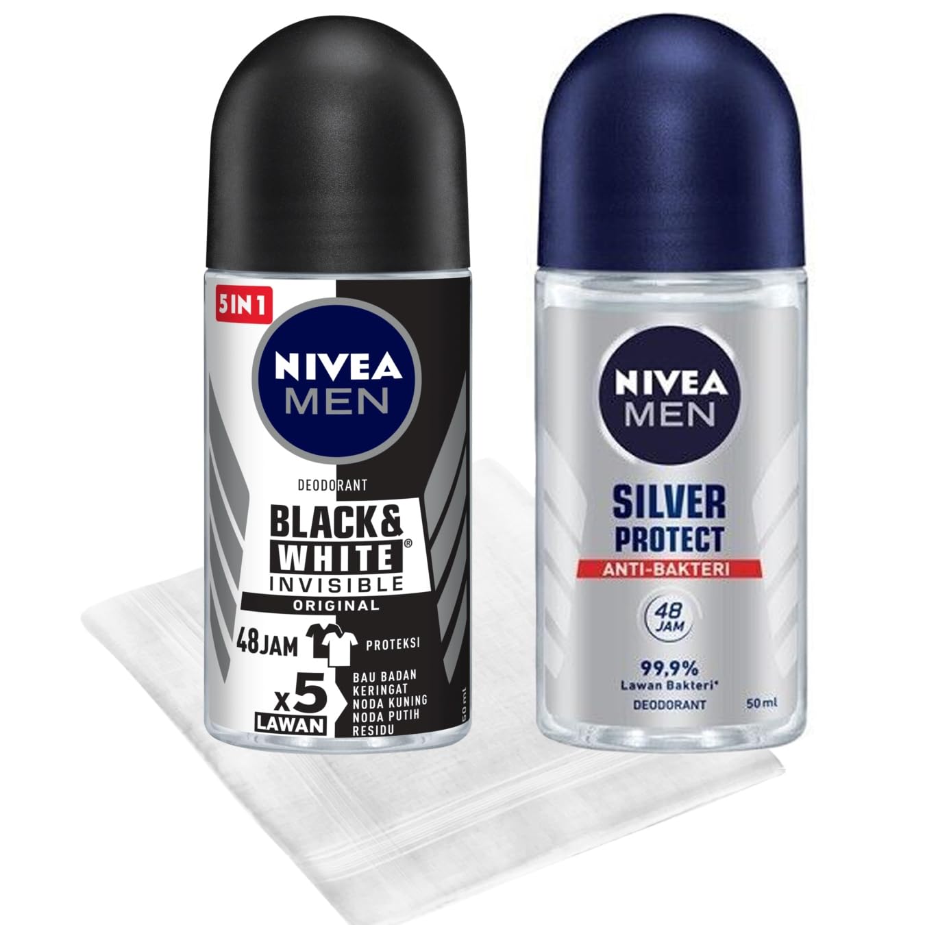 Nivea Deodorant Men Bundle. Pack of 2 Mens Deodorant : Nivea Silver Protect Deodorant(50ml) + Nivea Black and White Deodorant(50ml) Comes with RadianceAura Handkerchief.