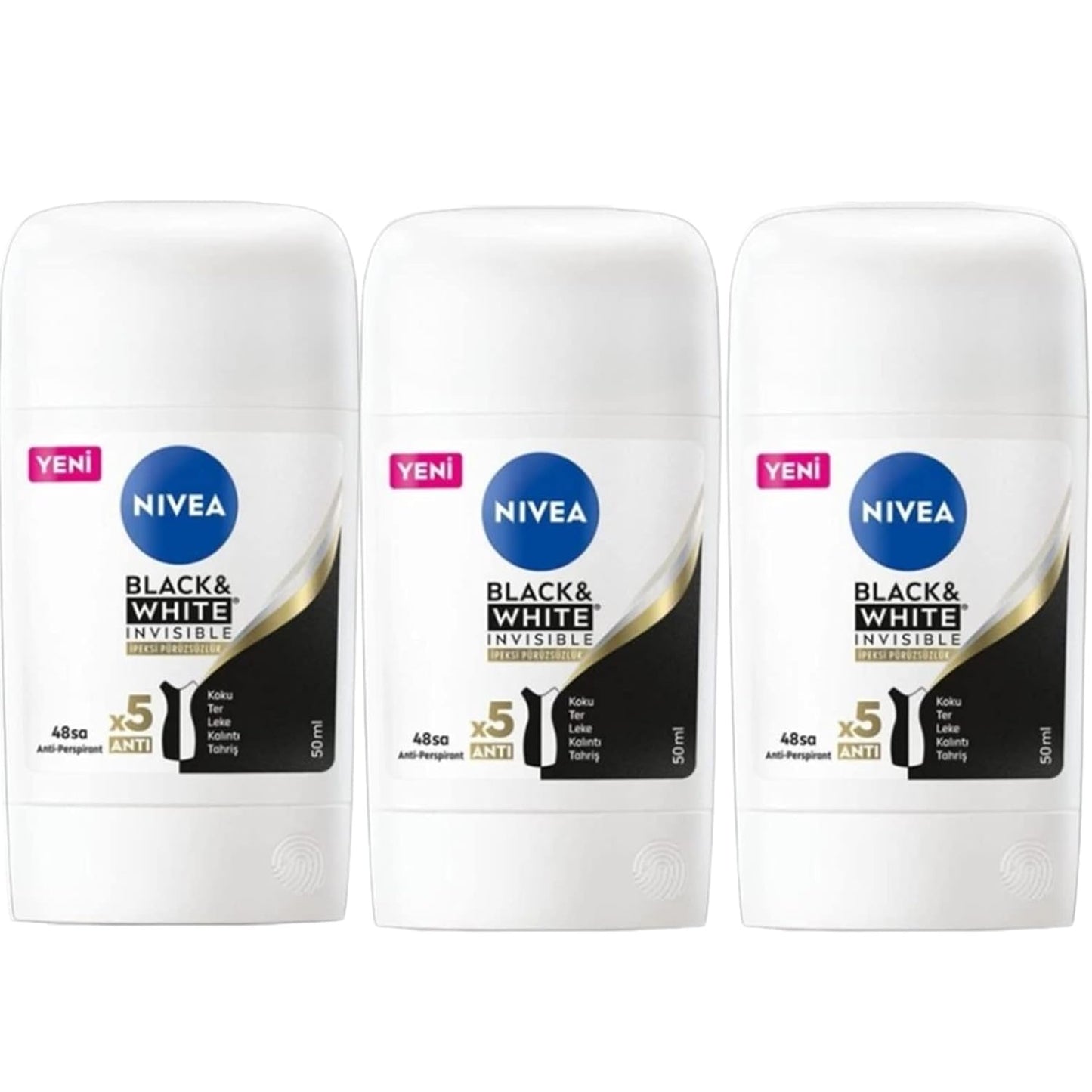 NIVEA NEW STICK BLACK WHITE INVISIBLE STICK DEODORANT 50 ML - THINY APPEARANCE-ANTI-TRANSPIRANT-ERGONOMIC DESIGN-SOLID STICK- (PACK OF 3x50 ML)