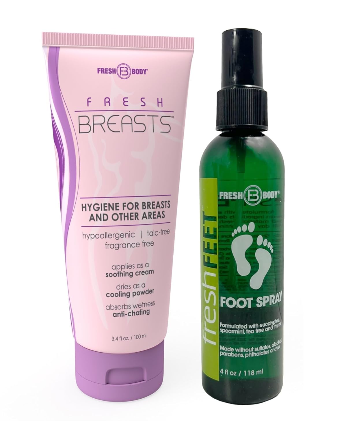 Fresh Body Fresh Feet, 4oz - Foot Spray for Smelly Feet, Boots & Shoes and Fresh Breasts Lotion to Powder Deodorant - 3.4oz - Made without Parabens, Dyes, Sulfates or Alcohol