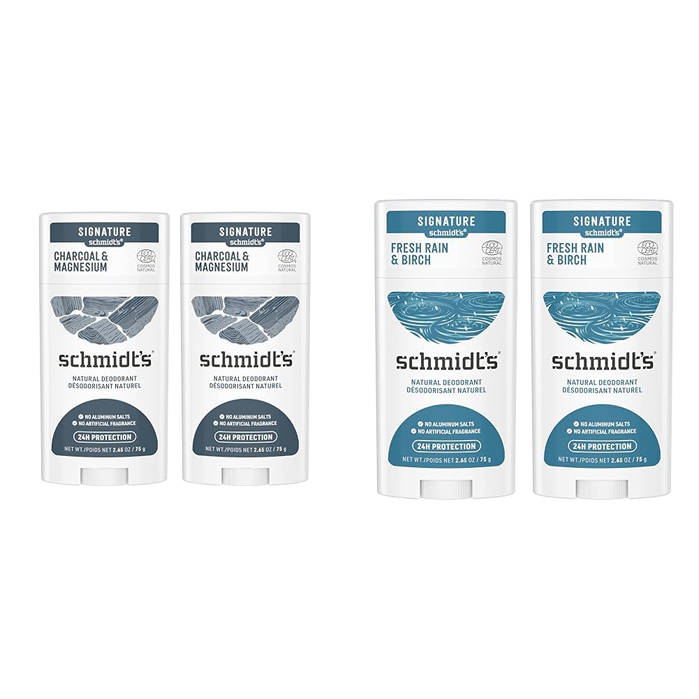 Schmidt's Aluminum Free Natural Deodorant Charcoal & Magnesium 2 Count For Women and Men & 100% Natural Origin Ingredient Deodorant Stick Fresh Rain & Birch 2 Count