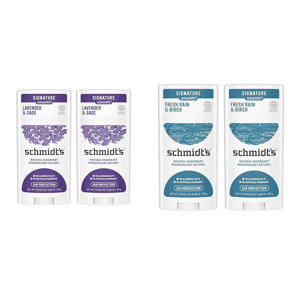 Schmidt's Aluminum Free Natural Deodorant for Women and Men & 100% Natural Origin Ingredient Deodorant Stick Fresh Rain & Birch 2 Count for 24-Hour Odor Protection 2.65 oz
