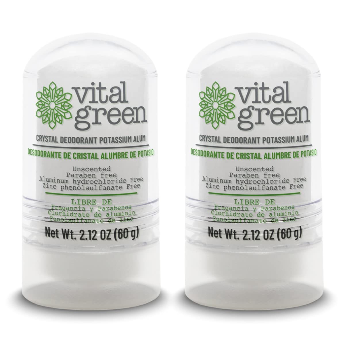 Vital Green Crystal Potassium Alum Deodorant - Unscented Mineral Deodorant For Men, Women And Athletes - 2.12oz / 60 g (2 Units)