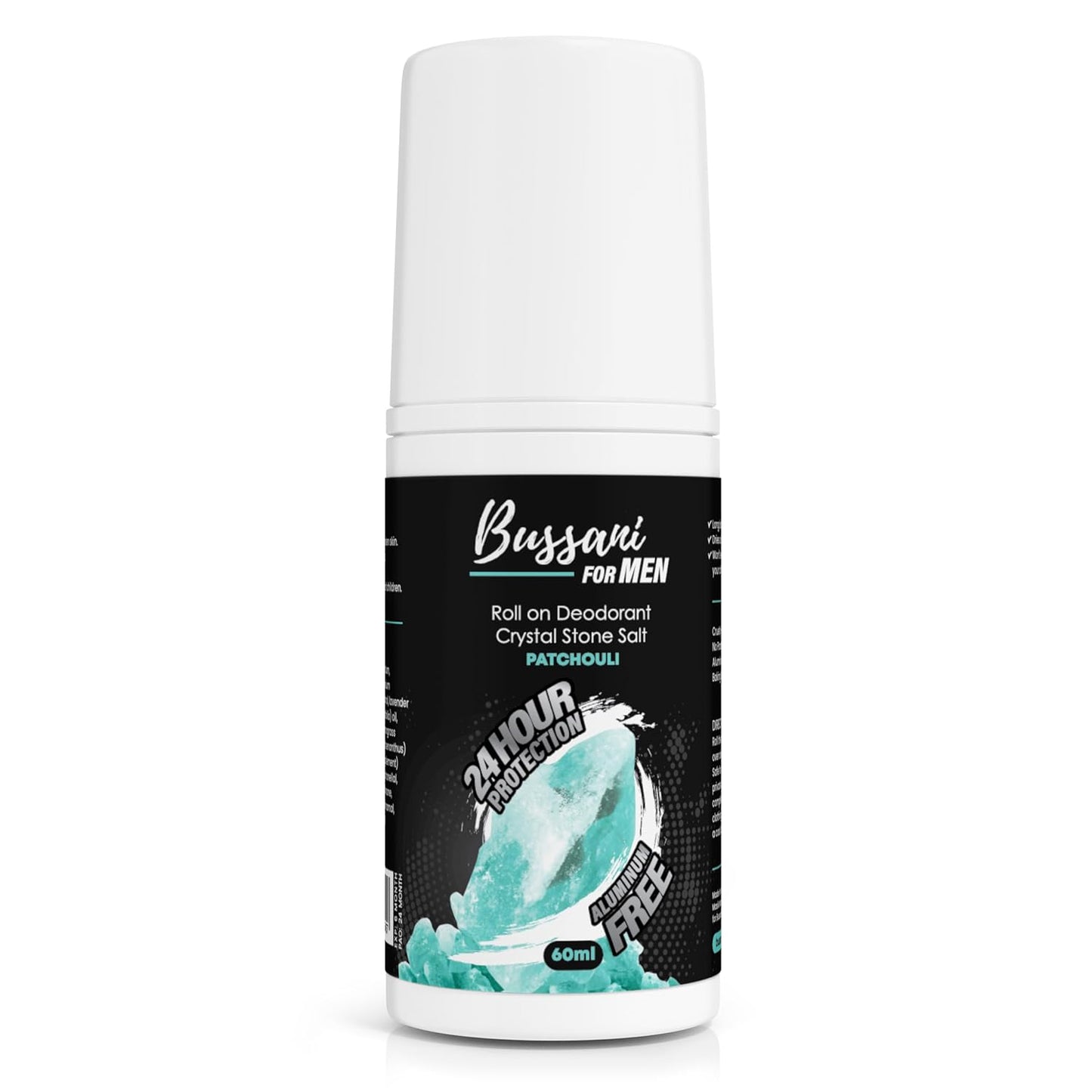 Bussani Crystal Salt Stone Deodorant for Men Aluminum-Free | Roll on Kids Deodorant Boys | 24-Hour Odor Protection | Fragrance: Patchouli Perfume Scent 2.02 fl oz