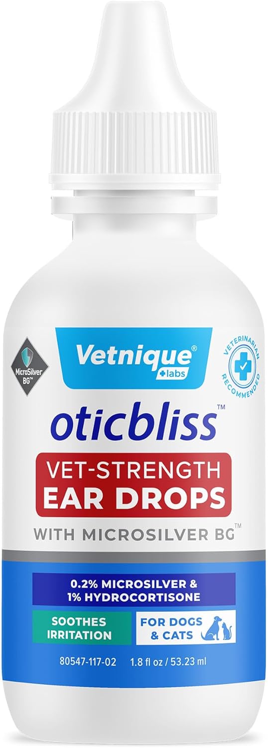 Vetnique Labs Oticbliss Vet-Strength Ear Drops for Dogs & Cats with MicroSilver BG & 1% Hydrocortisone Soothing Relief for Irritated Ears Dog Ear Cleaner, Alcohol-Free Ear Drops with Chitosan 1.8oz