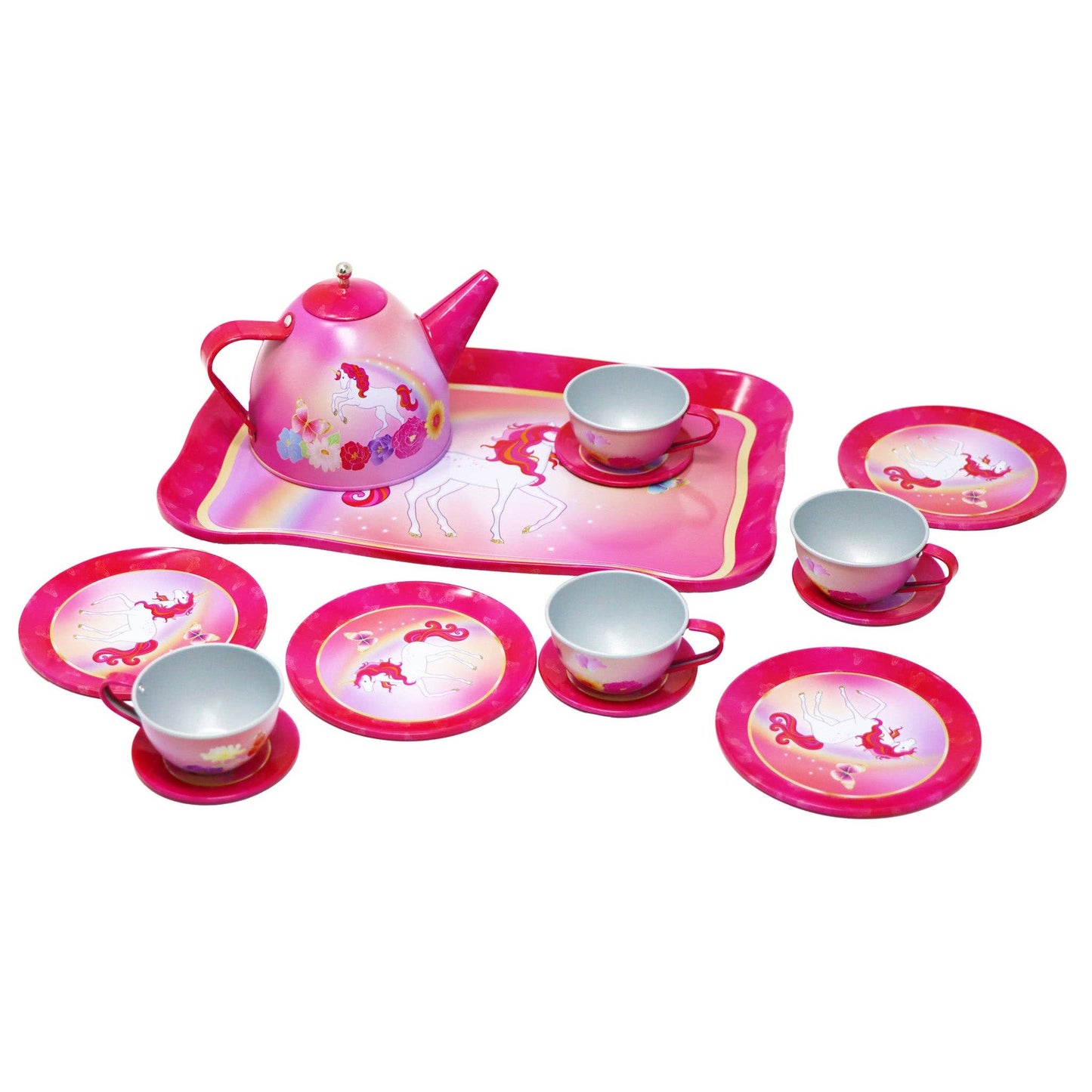 Unicorn Butterfly 14 Piece Kids Play Pretend Tin Tea Set | Pack of 2