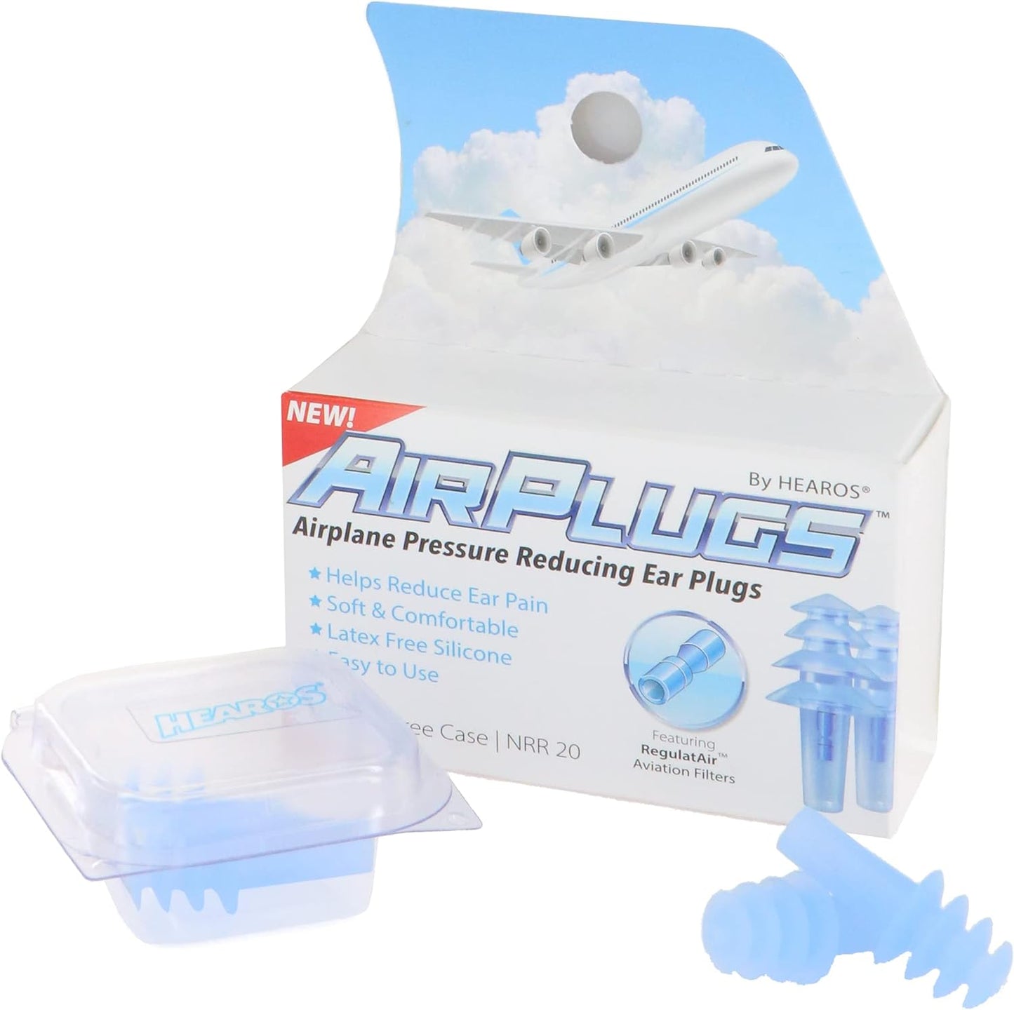 HEAROS AirPlugs Airline Pressure Reducing Earplugs, 1 Pair + Free Case, Latex Free Silicone, Reduce Ear Pain, NRR 20, Clear (5805)