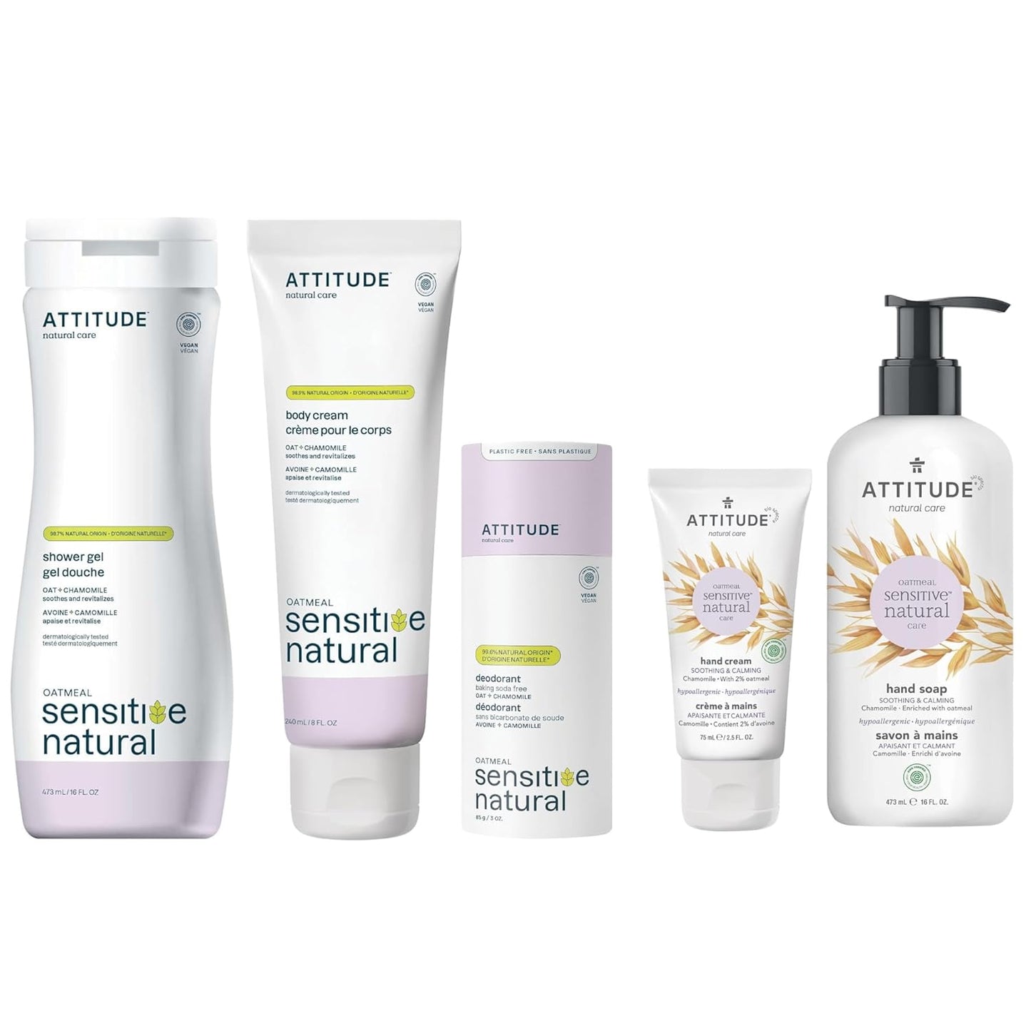 Bundle of ATTITUDE Chamomile Body Wash, Deodorant, Hand Soap, Hand Cream and Body Cream for Sensitive Skin, Enriched with Oatmeal, EWG Verified, Vegan Personal Care Products, Dermatologically Tested