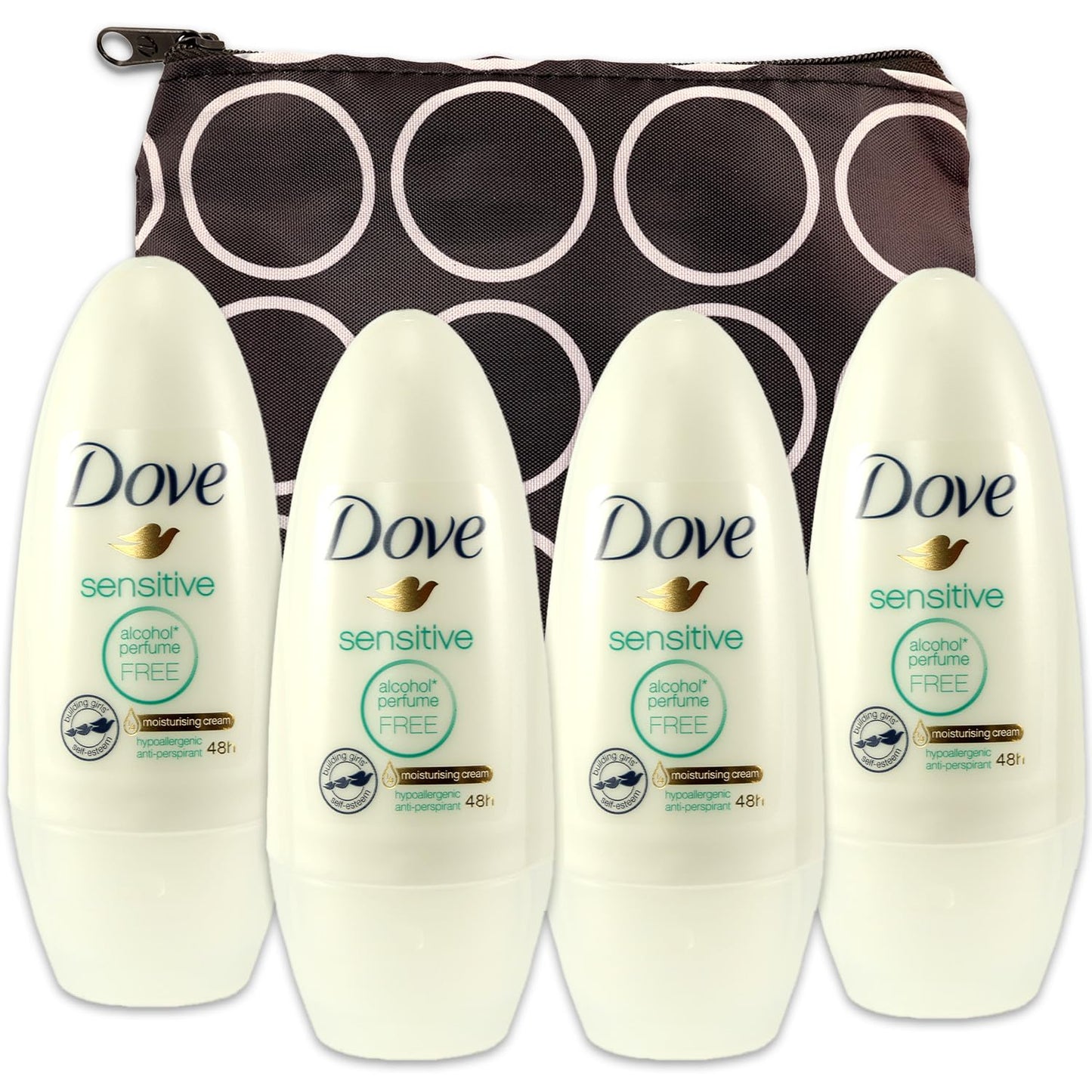 Dove Sensitive Skin Deodorant Travel Size - Dove Deodorant Fragrance Free Bundle With 4 Pack Dove Sensitive Skin Roll on Deodorant Plus Travel Bag | Dove Sensitive Skin Deodorant Roll On