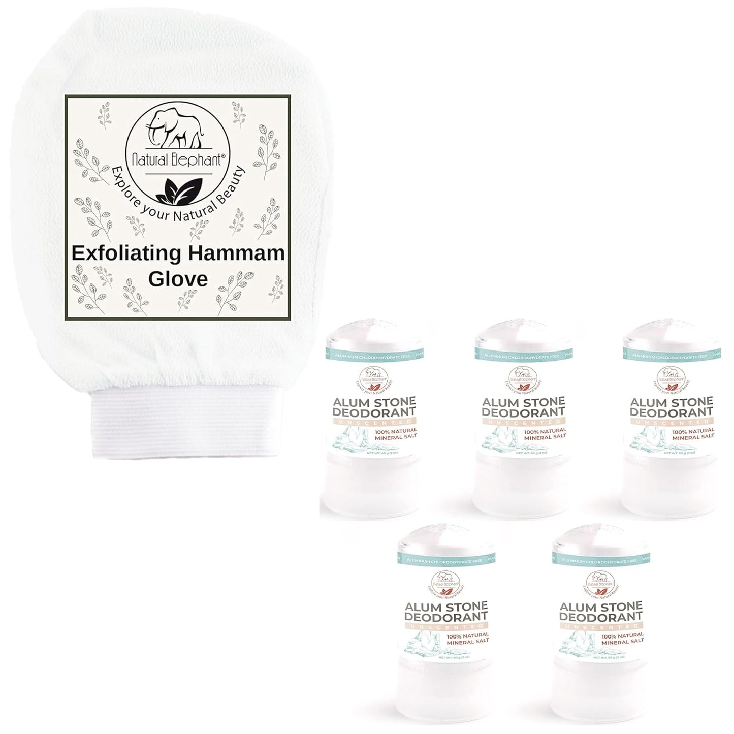 Fresh Skin Duo: Natural Elephant 5 Pack Alum Stone Deodorant Stick & Exfoliating Hammam Glove Pearl White