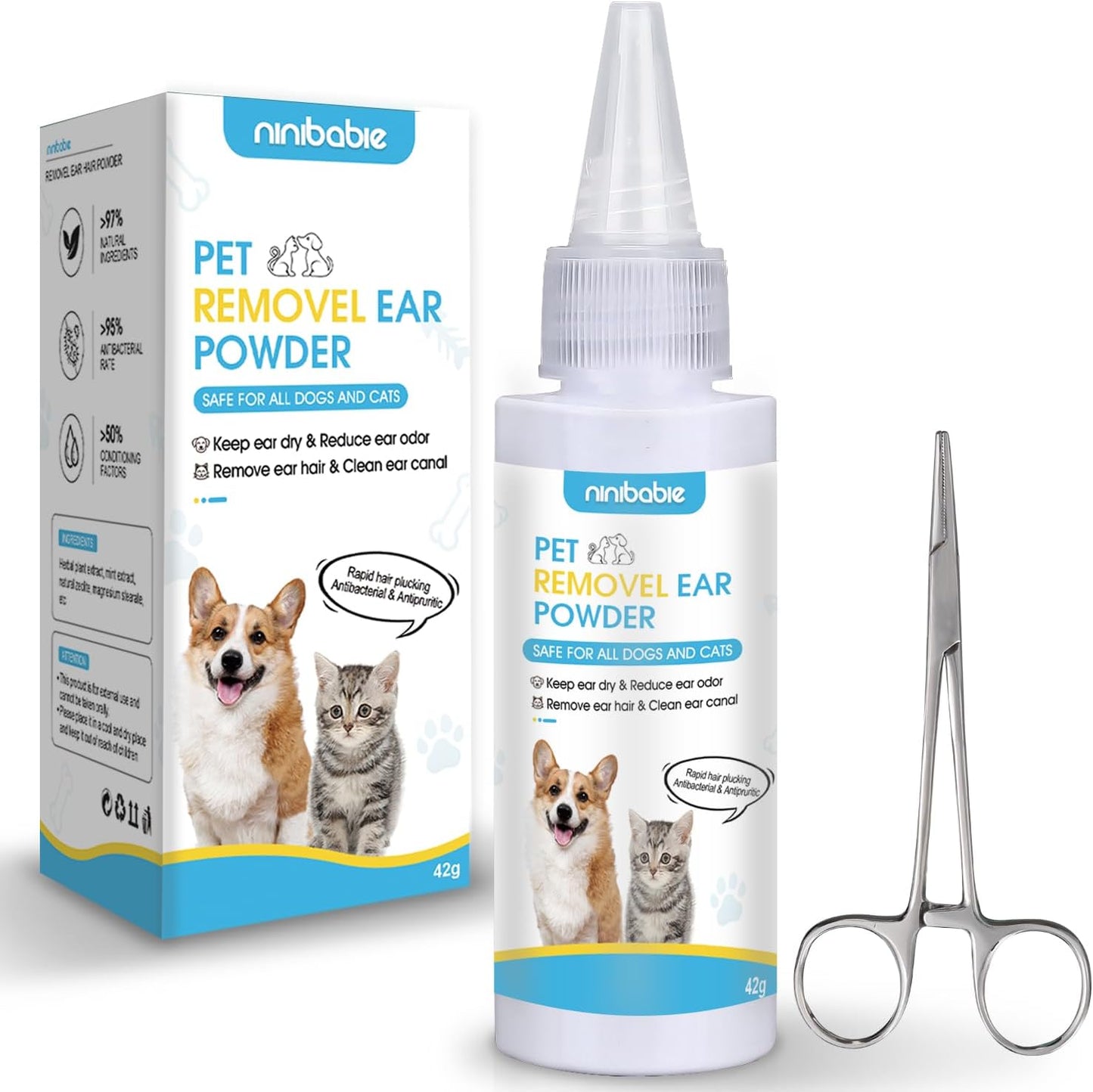 Dog Ear Cleaner,Dog Ear Powder for Hair Removal 42g,Dog Ear Infection Treatment with Pet Ear/Nose Hair Puller Grooming Hemostat,Remove Ear Wax&Odor in Pets