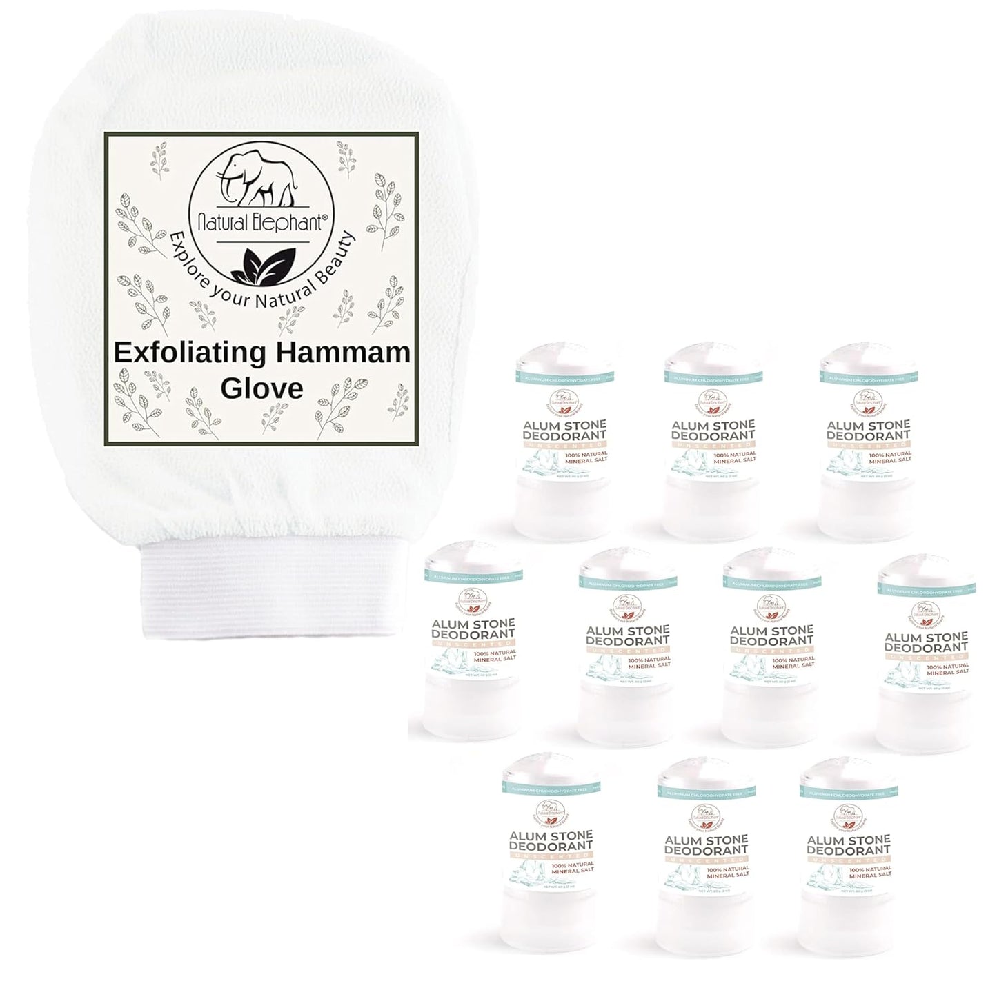 Fresh Skin Duo: Natural Elephant Alum Stone Deodorant Stick & Exfoliating Hammam Glove Pearl White