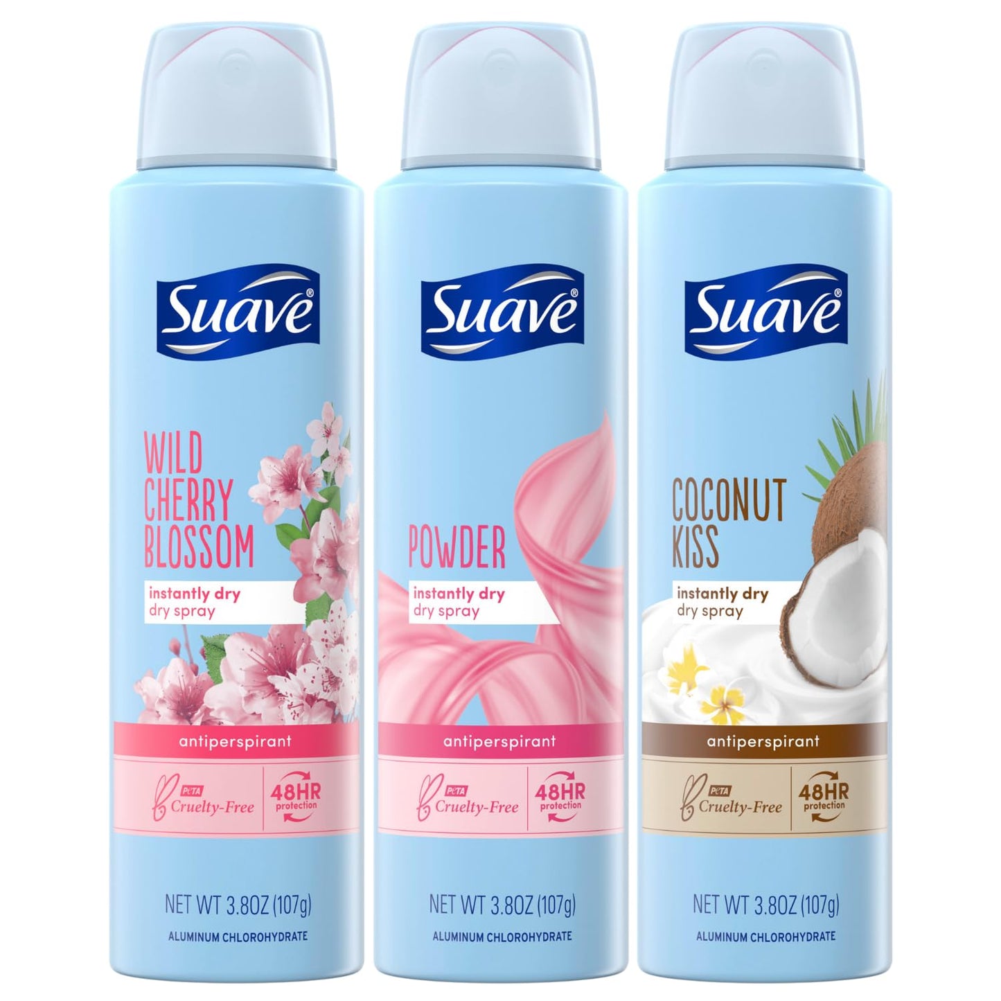 Suave Deodorant for Women, Dry Spray Antiperspirant Variety Pack – Powder, Coconut Kiss & Cherry Blossom, Dries Instantly, 48H Protection, 3.8 Oz Ea (3 Piece Set)