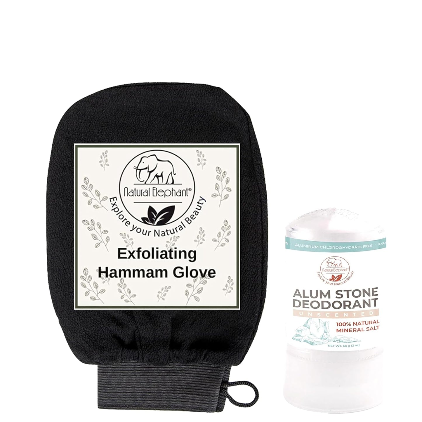 Freshness & Renewal Bundle: Natural Elephant Alum Stone Deodorant Stick and Exfoliating Hammam Glove Pure Black