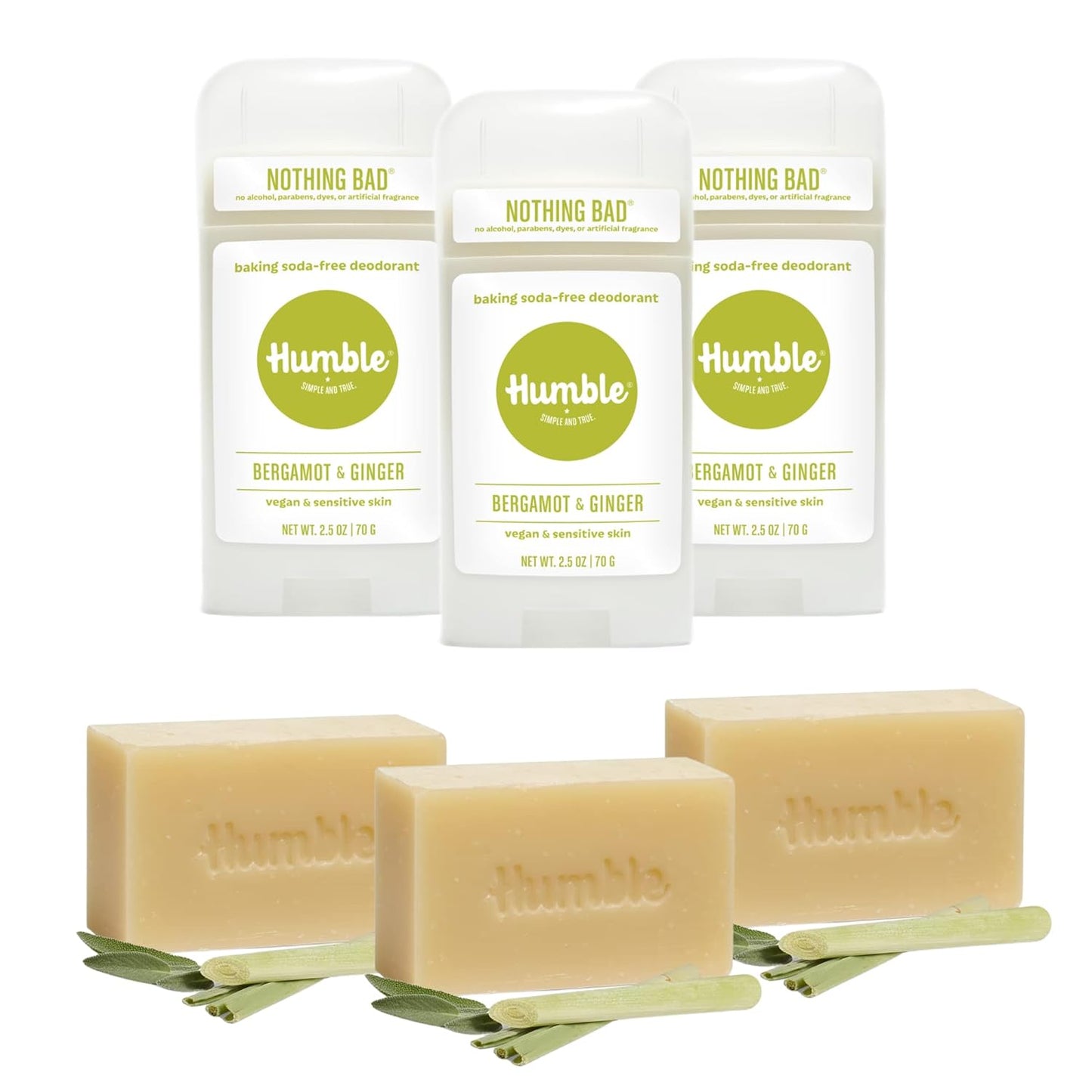 Humble Brands VEGAN Bergamot & Ginger Deodorant with and Lemongrass & Sage Soap Combo Bundle, All Natural Deodorant Bar Soap 3 pack and All Natural Aluminum Free Deodorant, 3 Pack