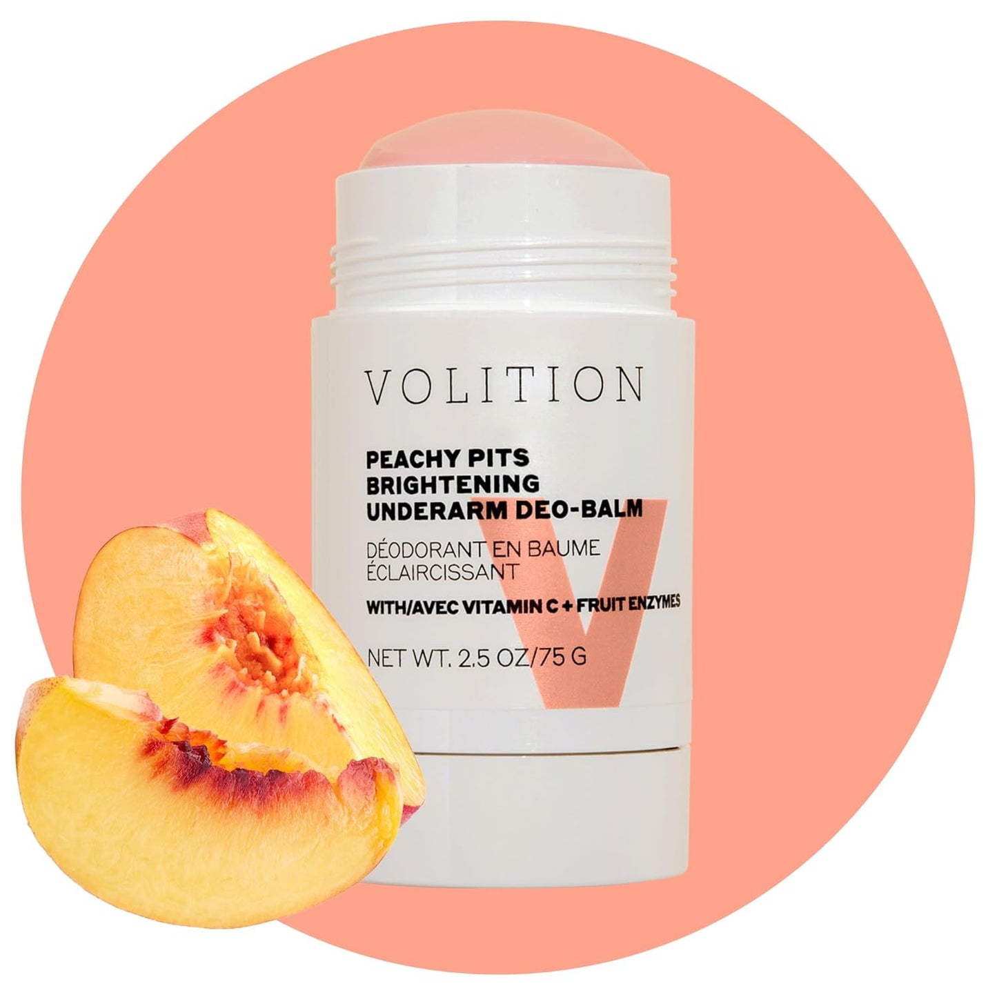 Volition Beauty Peachy Pits Brightening Underarm Deo-Balm - Improves the look of discoloration in the underarm area - Vitamin C Brightens - Bentonite Clay Neutralizes Odor, Vegan (75 g / 2.5 oz)