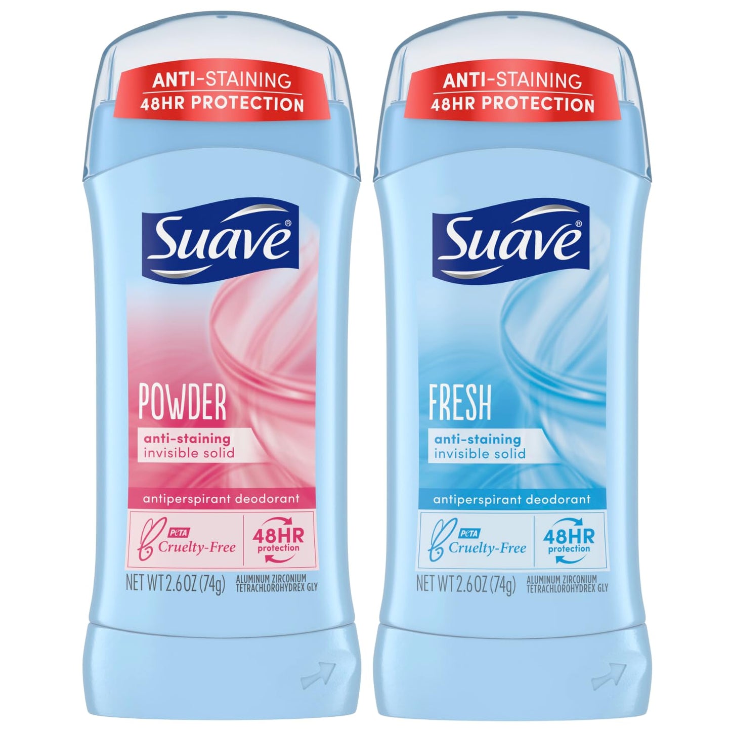 Suave Deodorant Antiperspirant for Women, Variety Pack – Powder + Fresh, Invisible Solid, 48H Protection, Anti-Staining, 2.6 Oz Ea (2 Piece Set)