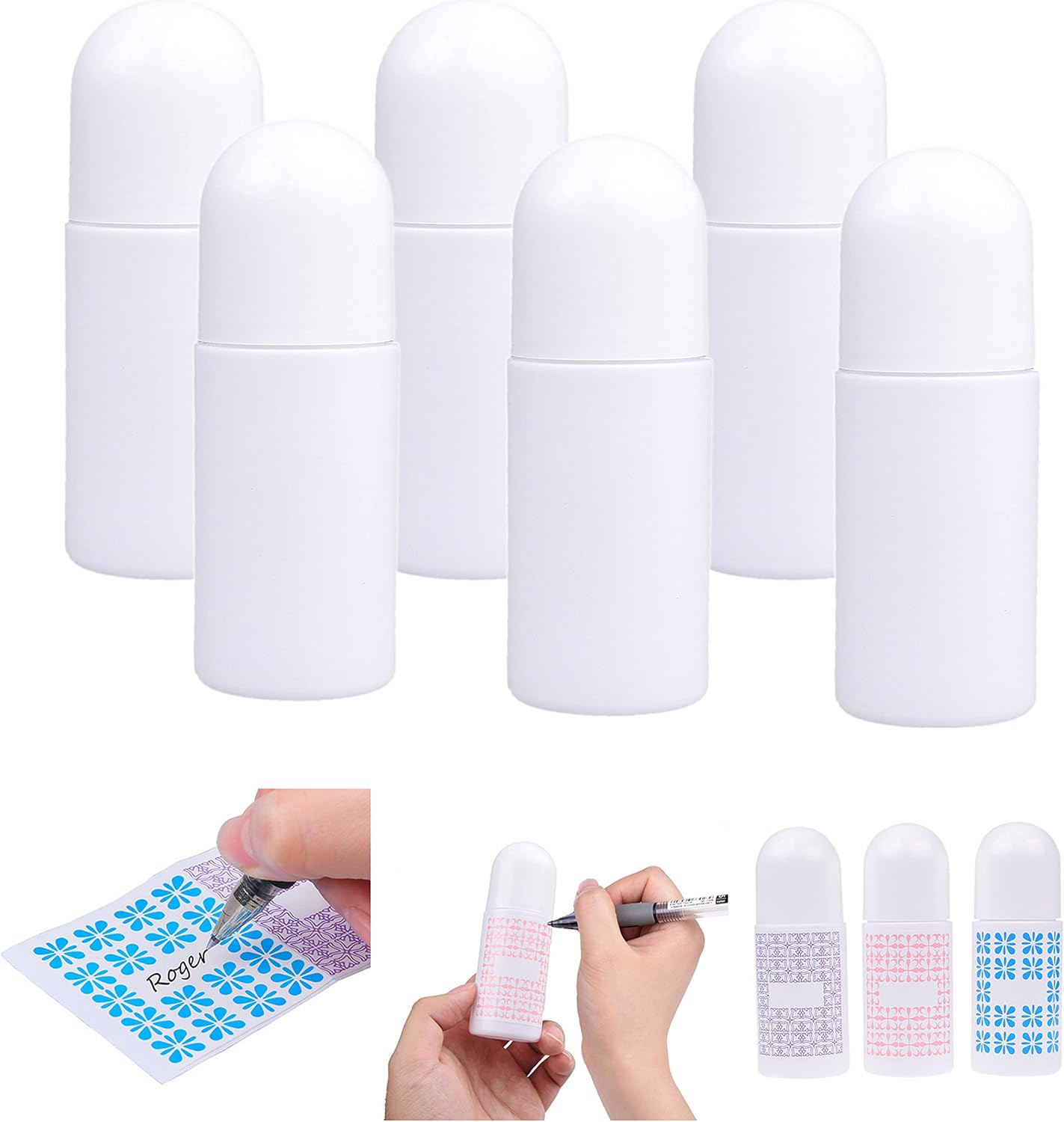 Refillable Roll-On Deodorant Bottles (6-Pack) - Empty - Leak-Proof - 1.7 Oz (50 ml) - 20 Writable Stickers - Twist Cap - For Homemade Natural Deodorant, Sunscreen, Moisturizer, etc