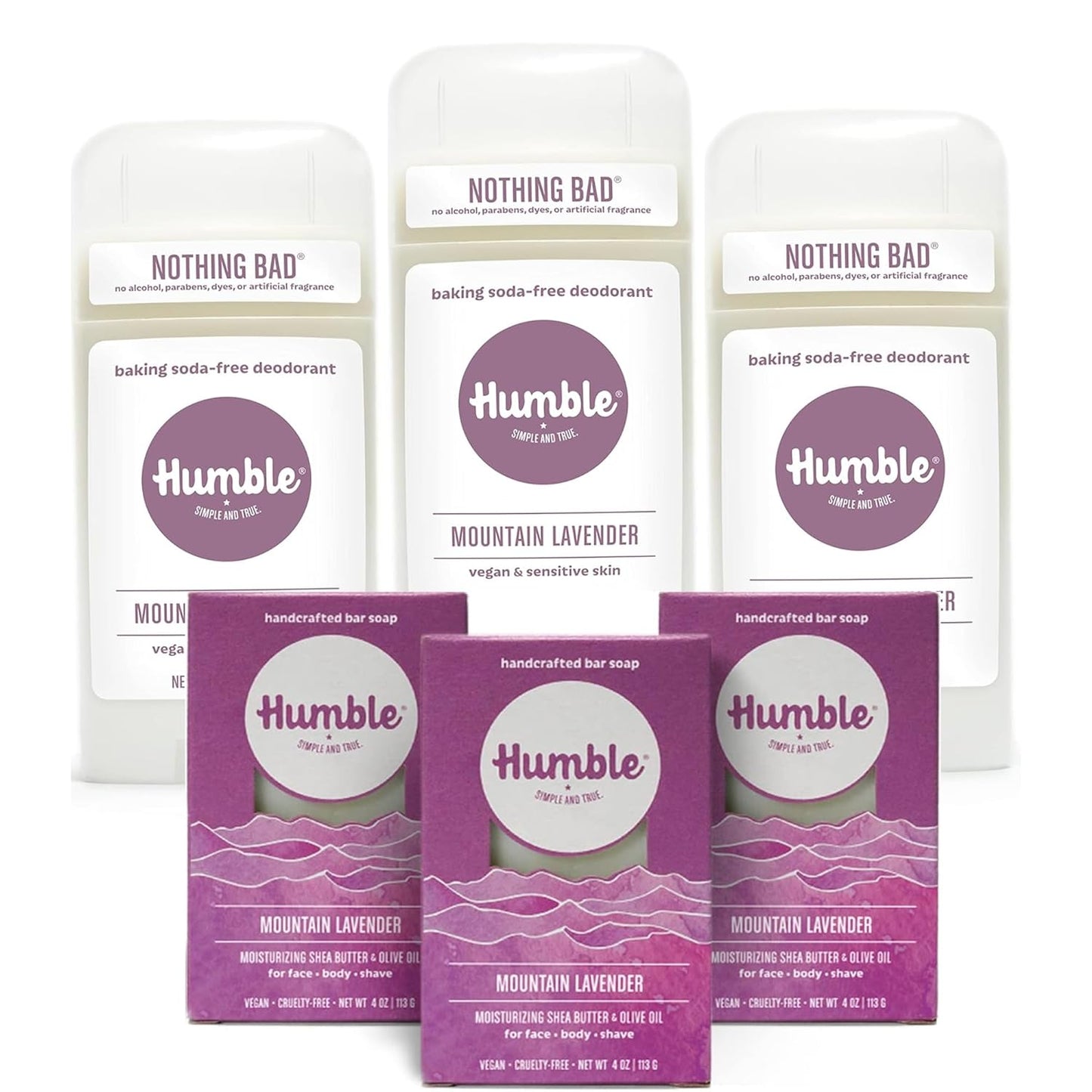 HUMBLE BRANDS Vegan Mountain Lavender Deodorant, 2.5 Ounce (Pack of 3) and Mountian Lavender Handcrafted Soap 3 pack