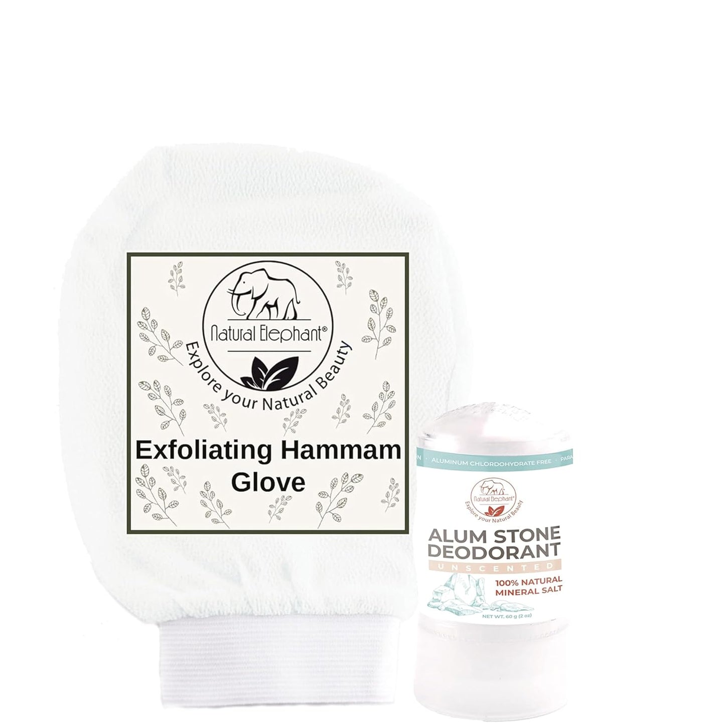 Fresh Skin Duo: Natural Elephant Alum Stone Deodorant Stick & Exfoliating Hammam Glove Pearl White