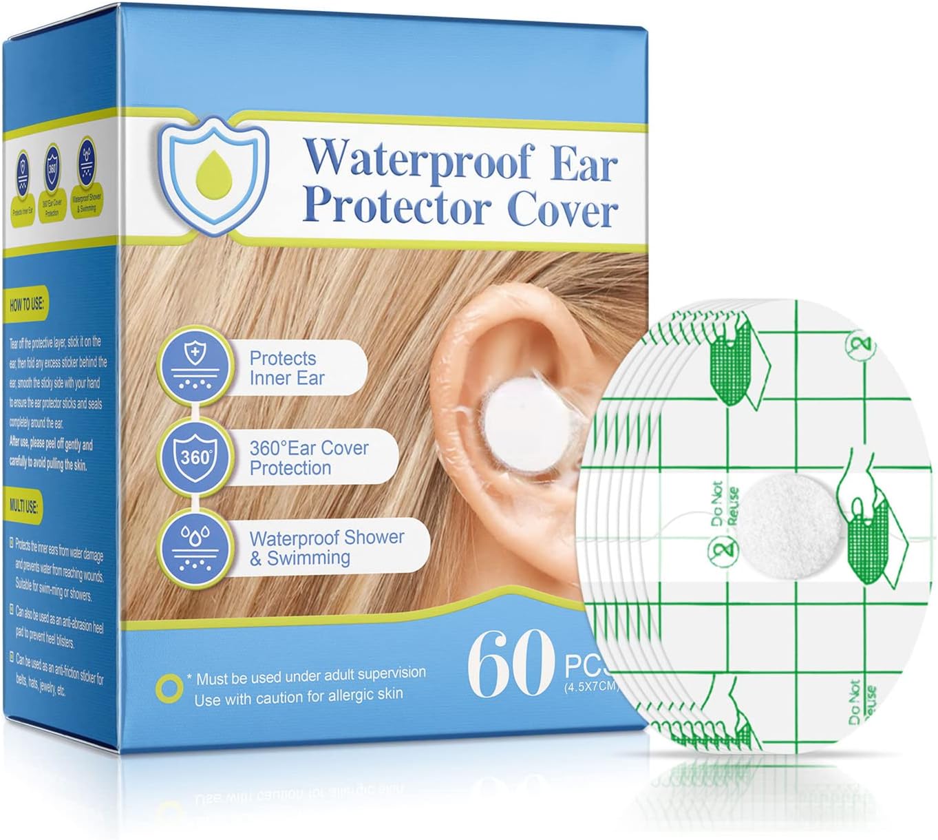60 Pieces Baby Ear Waterproof Stickers, Disposable Soft Breathable Adhesive Ear Patch Kids Disposable Ear Tape for Baby Swimming Bathing