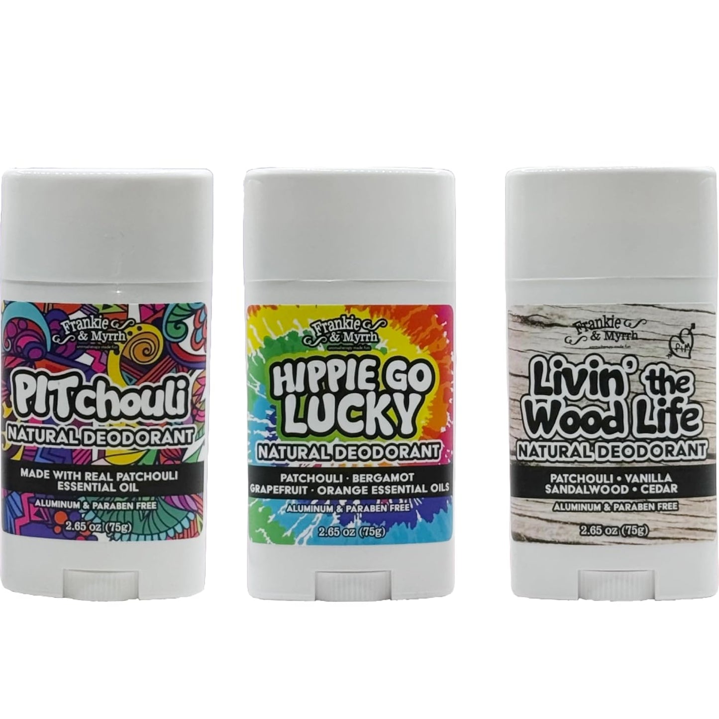 Frankie and Myrrh Natural Deodorant Patchouli Trio | Pitchouli, Livin' the Wood Life, Hippie Go Lucky