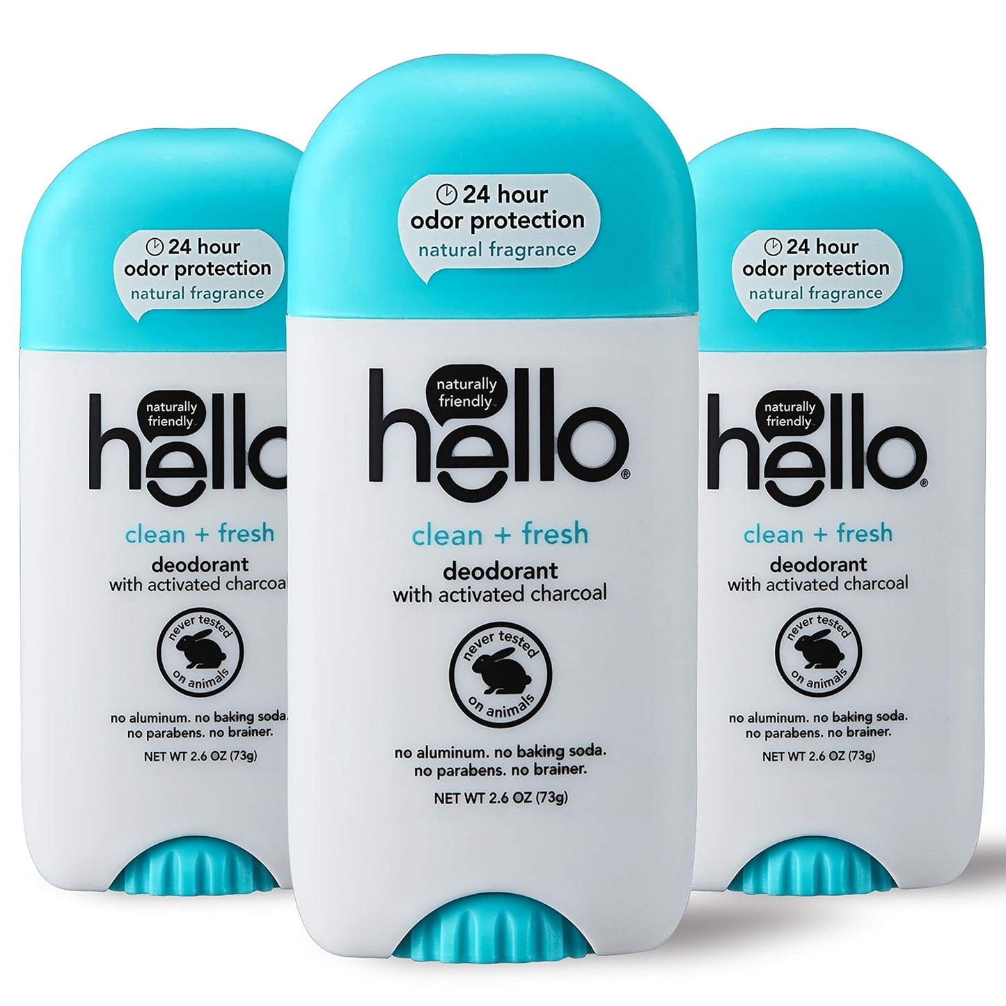 hello Activated Charcoal Fresh and Clean Deodorant for Women and Men, Aluminum Free, Baking Soda Free, Parabens Free, 24 Hour Protection, 2.6 Ounce (Pack of 3)