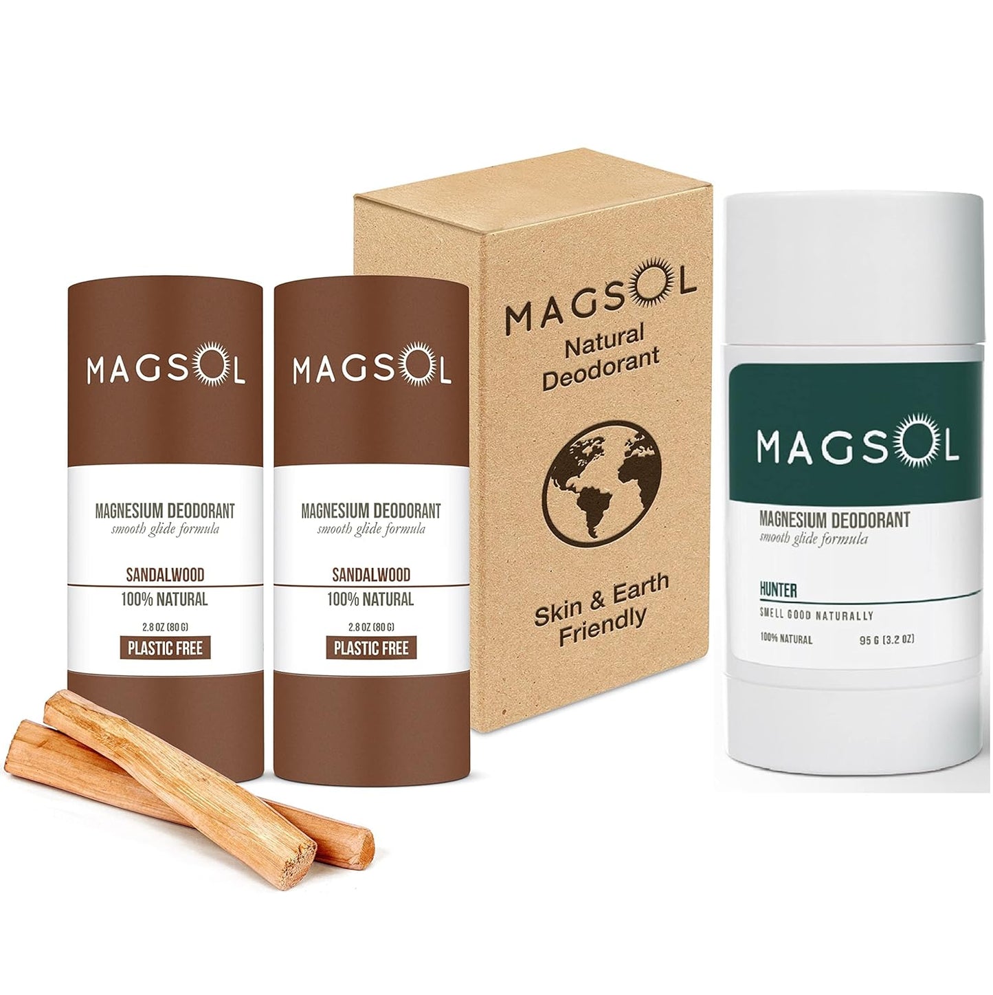 Natural Deodorant for Men - Hunter & Sandalwood 2-Pack Plastic Free Deodorant (3 sticks in bundle)