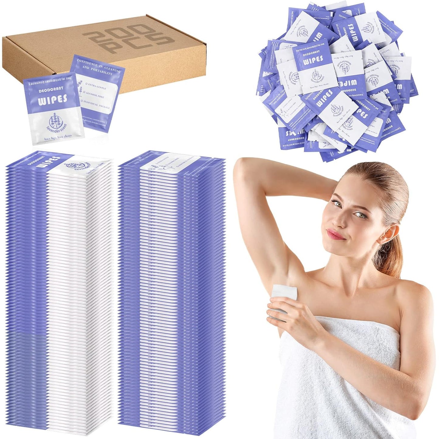 200 Count Deodorant Wipes Individually Wrapped Underarm Deodorant Wipes Antiperspirant Wipes Body Wipes Remove Sweat Wipes for Men Women Travel and Daily Use Body Wipes(Purple)