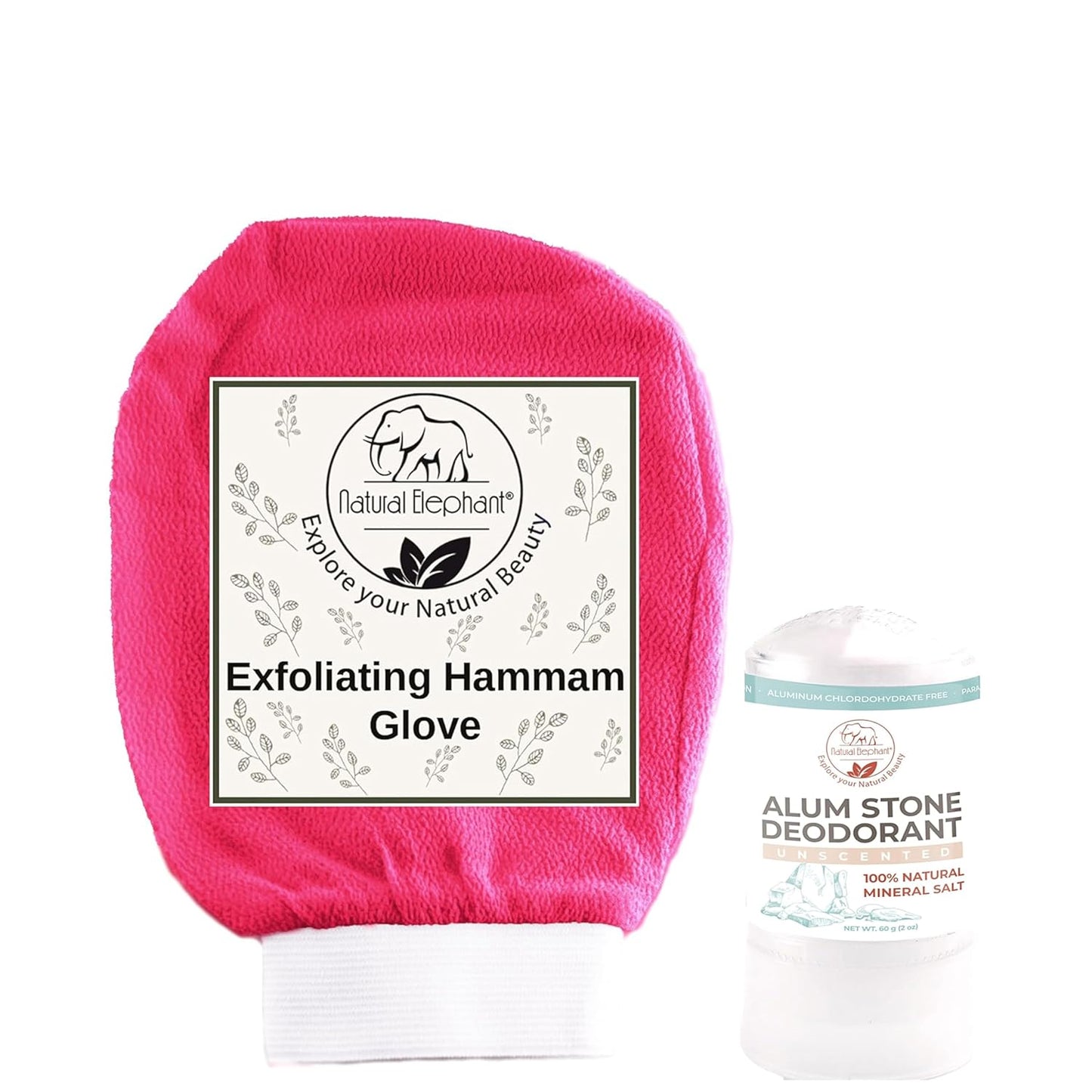 Freshness & Renewal Bundle: Natural Elephant Alum Stone Deodorant Stick and Exfoliating Hammam Glove Pink Tulip