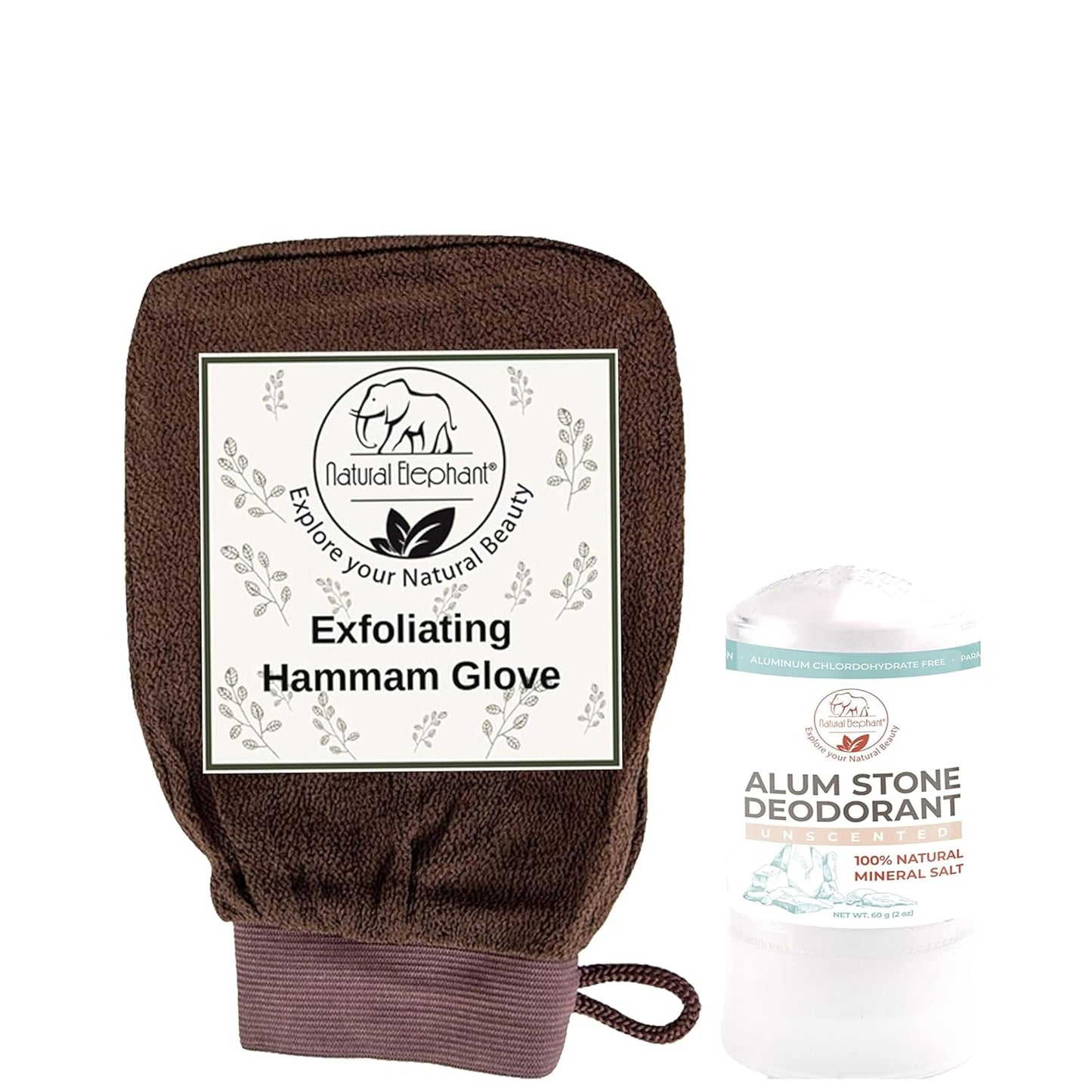 Freshness & Renewal Bundle: Natural Elephant Alum Stone Deodorant Stick and Exfoliating Hammam Glove Chocolate Brown