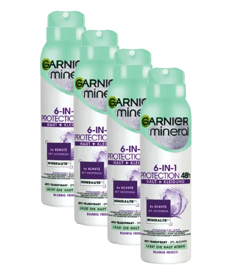 4xPack Garnier 6 in 1 Protection Antitranspirant Deo Spray - 600 ml