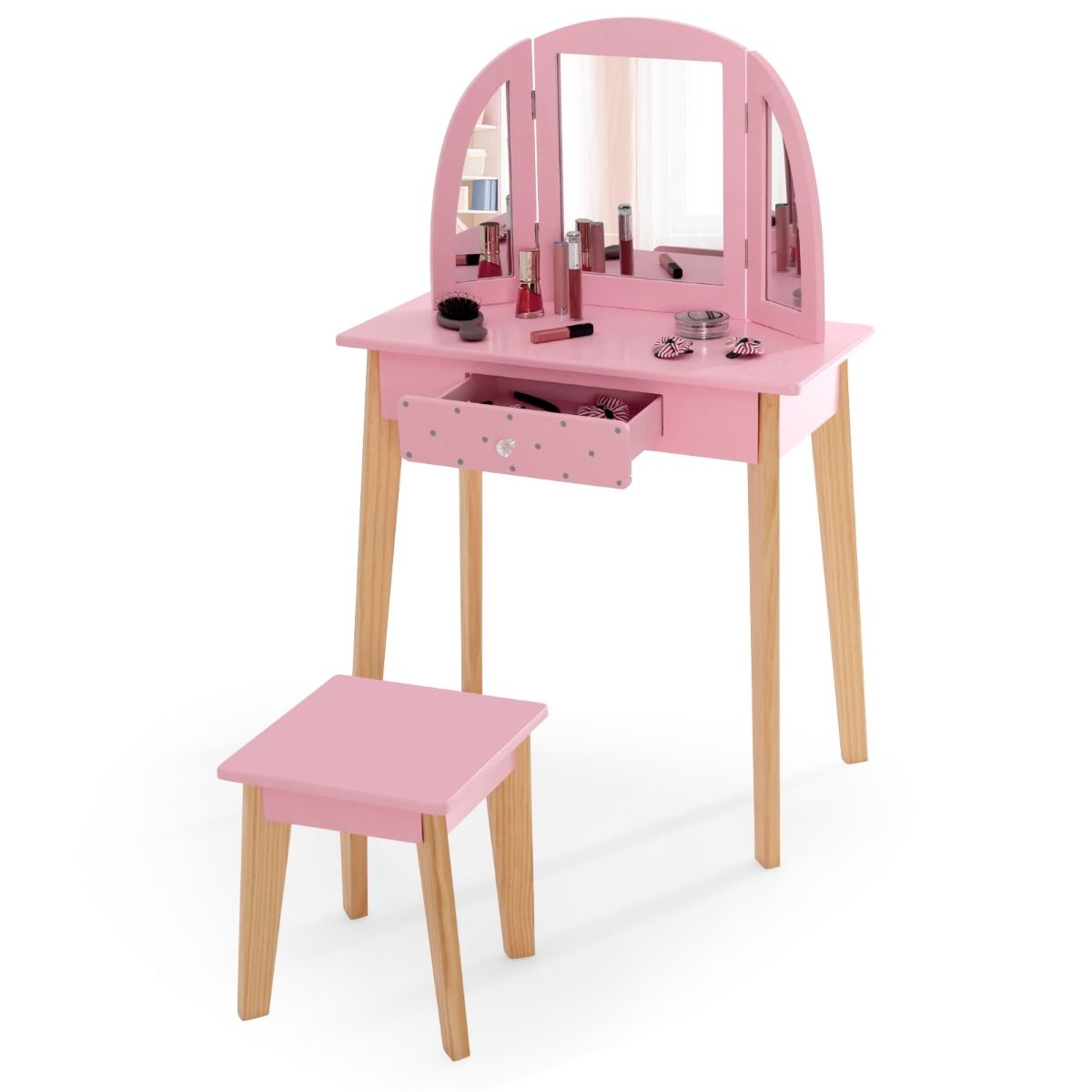 Montessori Dressing Table and Stool Set | Vanity Table | Tri-Folding Mirror | Drawer | Pink