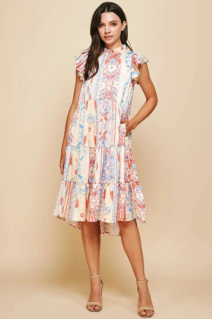 Tiered Midi Dress Red Multi