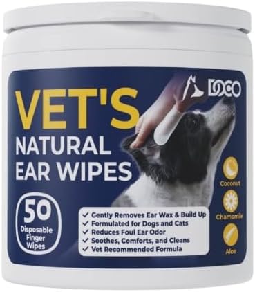 DOCO Dog Ear Wipes - All Natural Finger Veterinary Pet Ear Wipes with Eucalyptus, Aloe - 50 Count