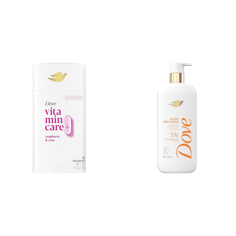 Dove VitaminCare+ Aluminum Free Deodorant Stick Raspberry & Rose 72H Odor Protection 2.6 oz + Dove Exfoliating Body Wash Glow Recharge Energizes & Illuminates Skin 18.5 oz