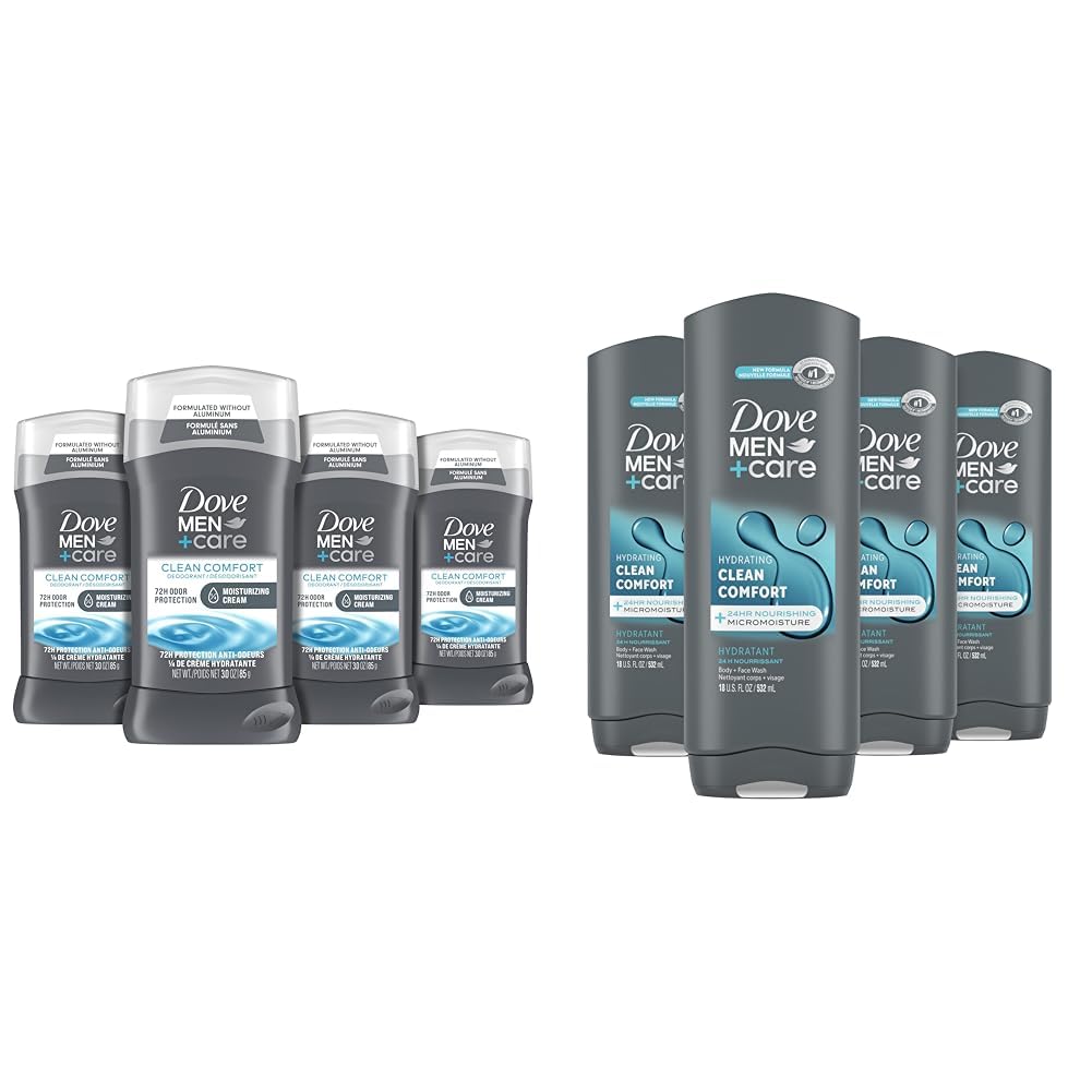 DOVE MEN + CARE Deodorant Stick for Men Clean Comfort 4 Count & Body and Face Wash Clean Comfort 4 Count for Healthier and Stronger Skin Effectively Washes